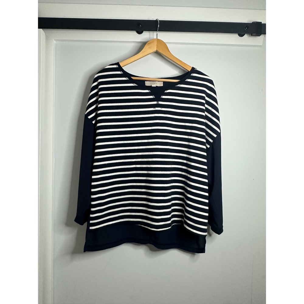 LOFT Women's‎ Striped Long Sleeve Top Size L Navy Blue White Casual